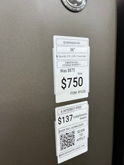^ Item: #RF42B GE french door refrigerator slate stainless steel w/ ice and water dispenser 36” in