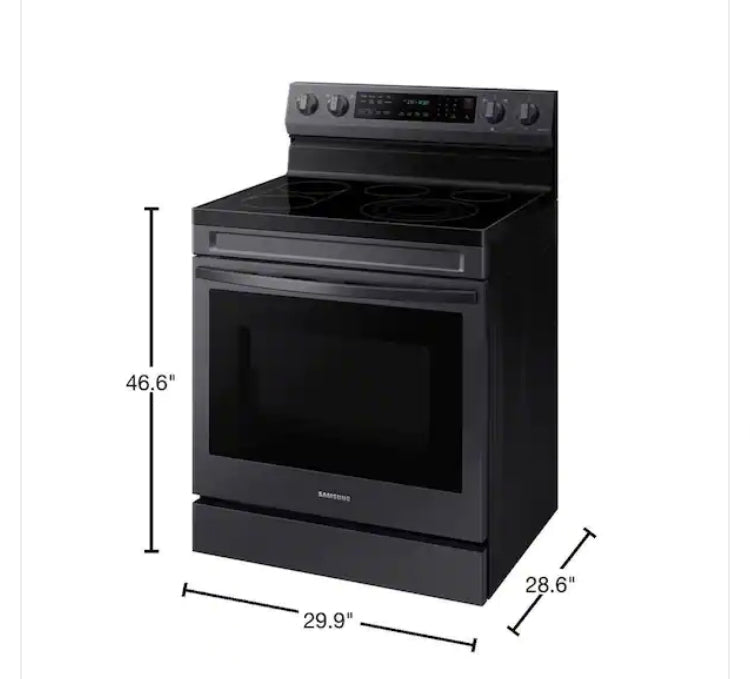 - ★ Samsung Open Box 6.3 cu. ft. Smart Wi-Fi Enabled Convection Electric Range with No Preheat AirFry in Black Stainless Steel - ER467