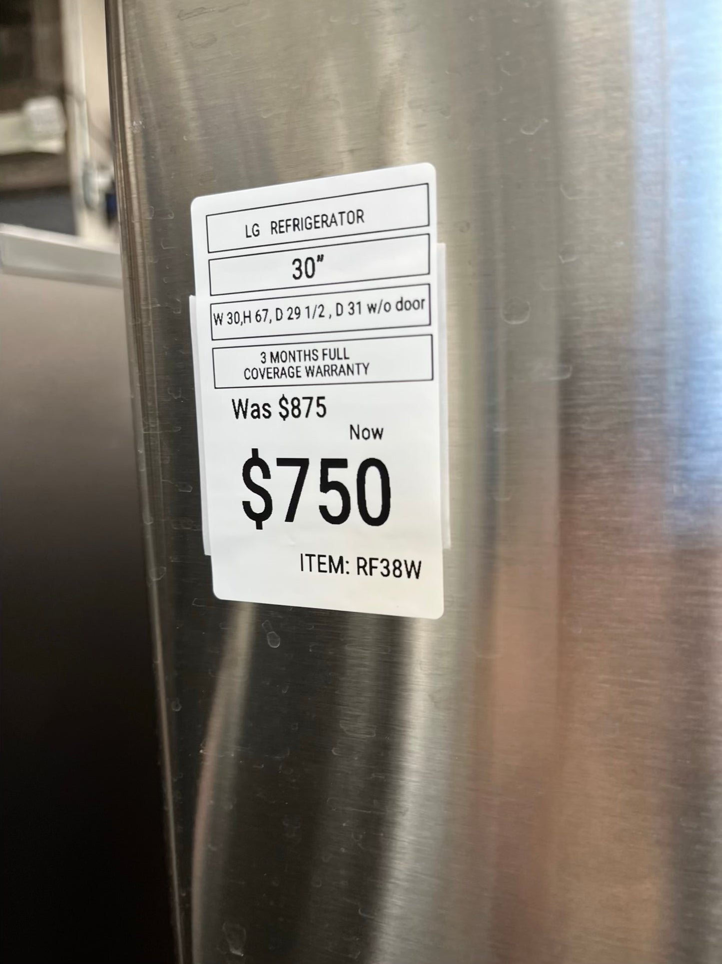 ^ Item #RF38W LG french door refrigerator stainless steel w/ ice  dispenser inside 30” in