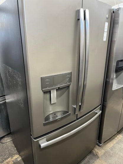 ^ Item: #RF42B GE french door refrigerator slate stainless steel w/ ice and water dispenser 36” in