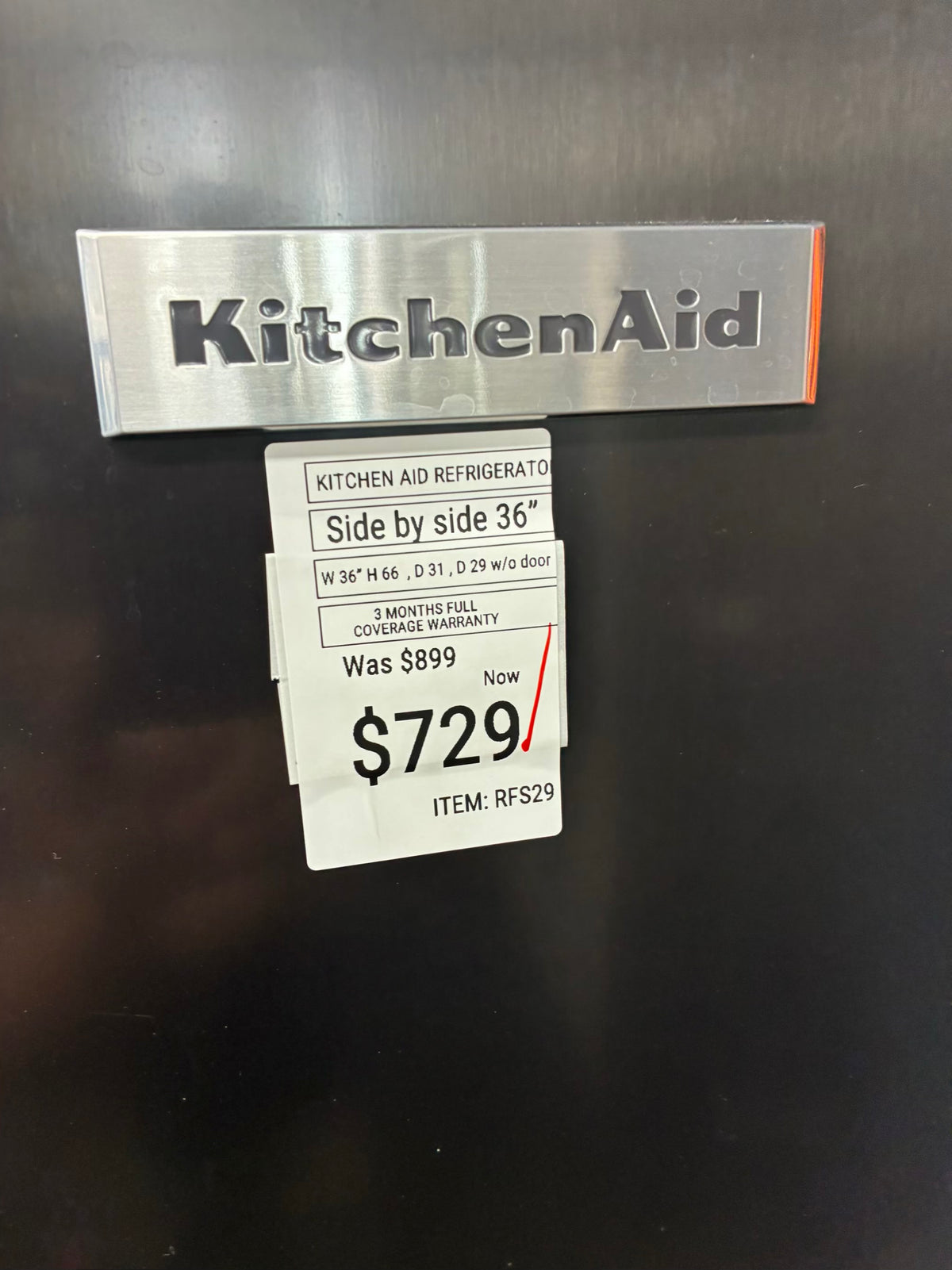 KitchenAid side by side refrigerator stainless steel 36” ice maker water dispenser ice maker