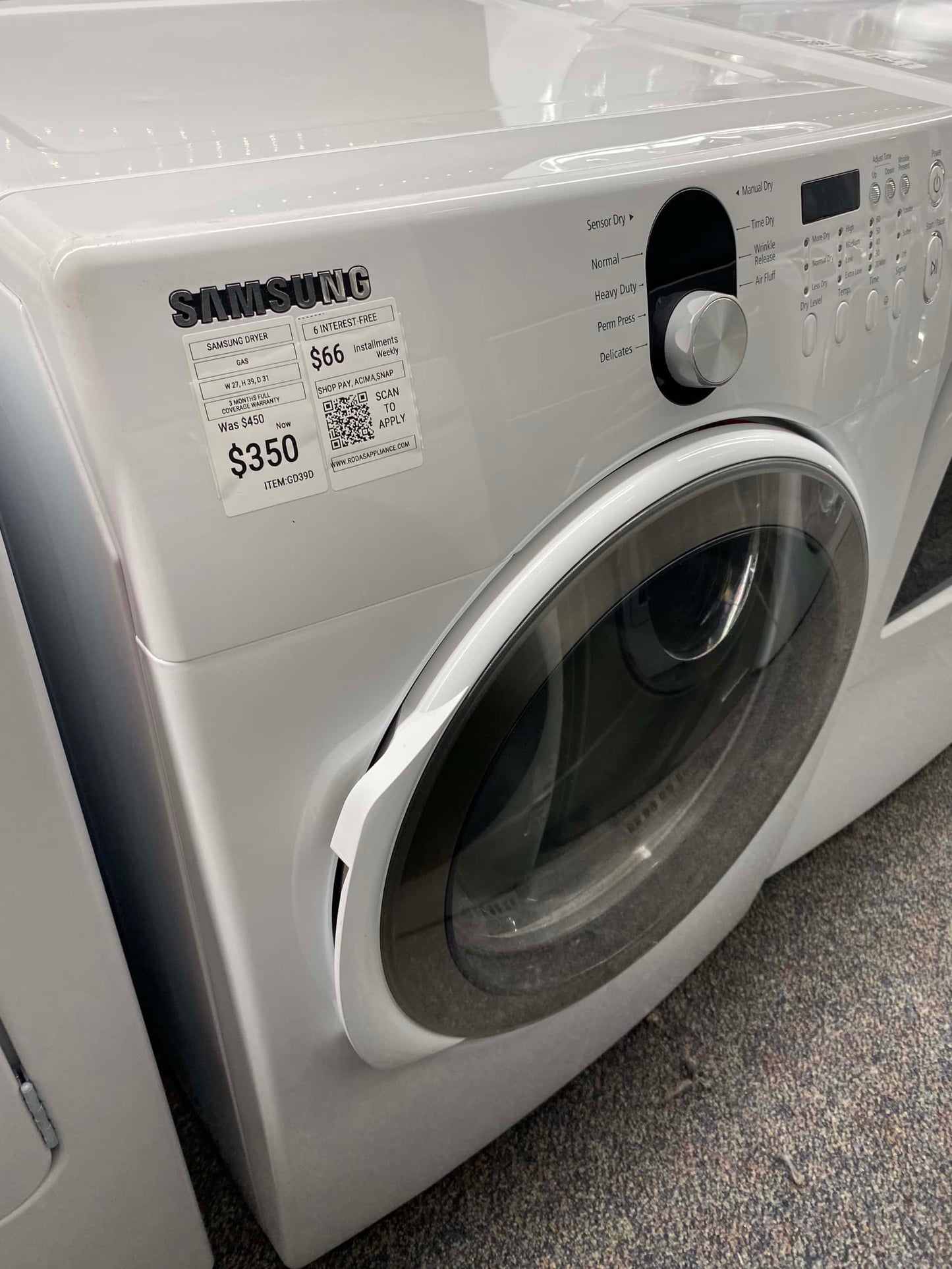 ITEM #GD39D Samsung GAS dryer largue capacity Stainless steel drum color white 27”