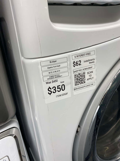 . ITEM #ED53F LG electric dryer large capacity front load w/ pedestal 27”