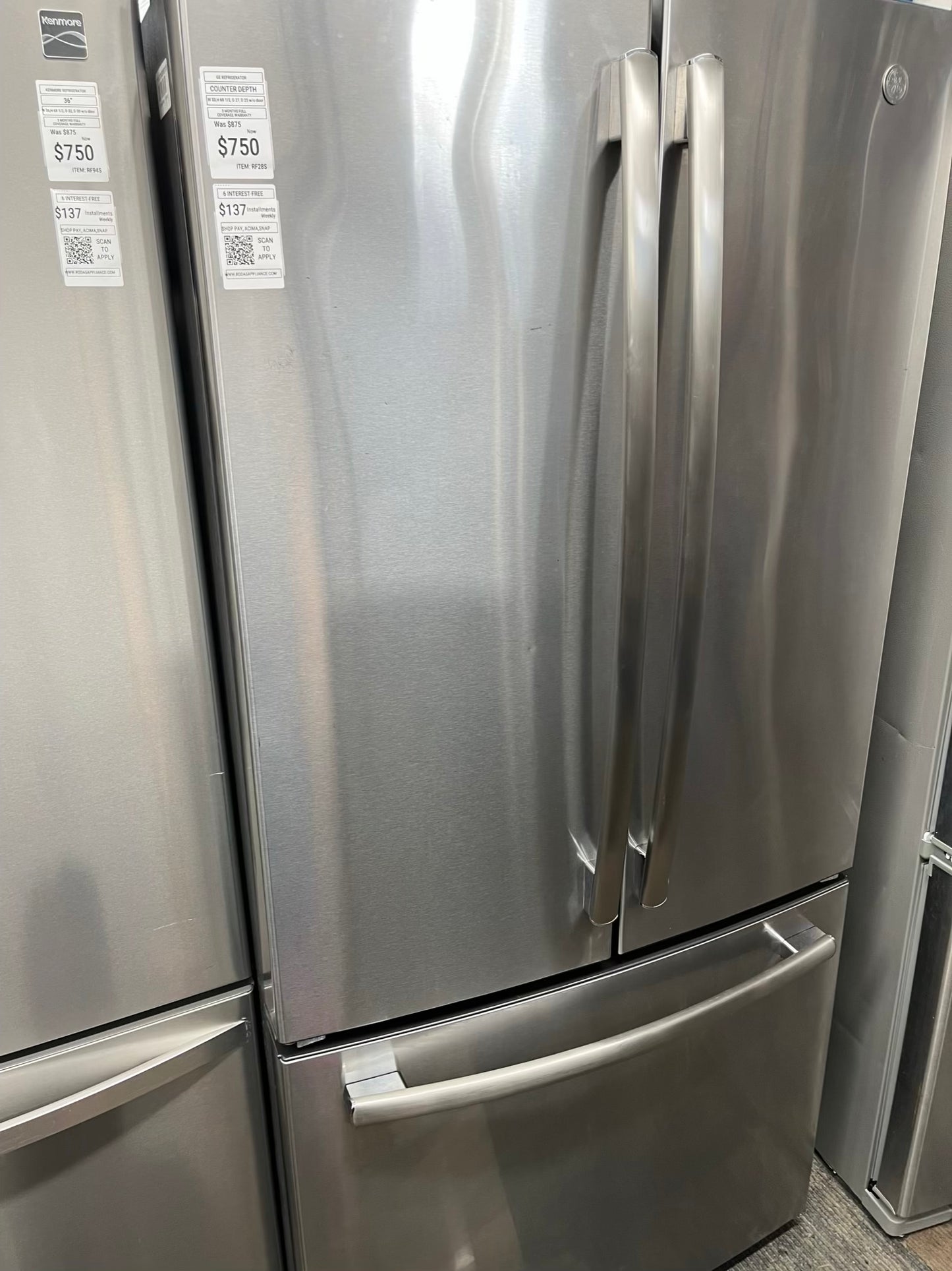 ^ Item: #RF28S GE french door countrr  depth refrigerator slate stainless steel w/ ice and water dispenser inside 33” in