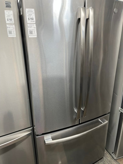 ^ Item: #RF28S GE french door countrr  depth refrigerator slate stainless steel w/ ice and water dispenser inside 33” in