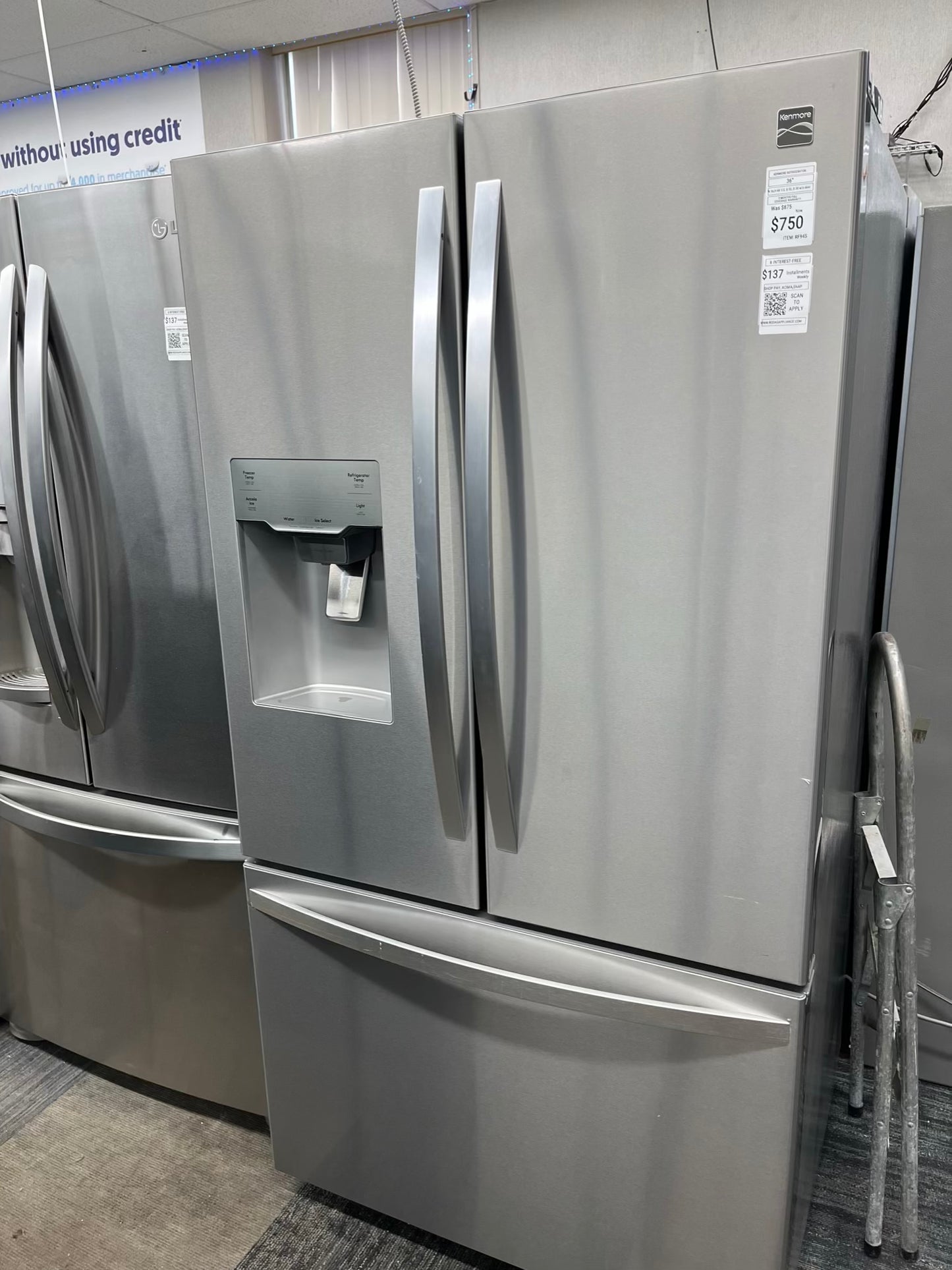 ^ Item: #RF94S kenmore french door refrigerator stainless steel w/water ice dispenser 36 in