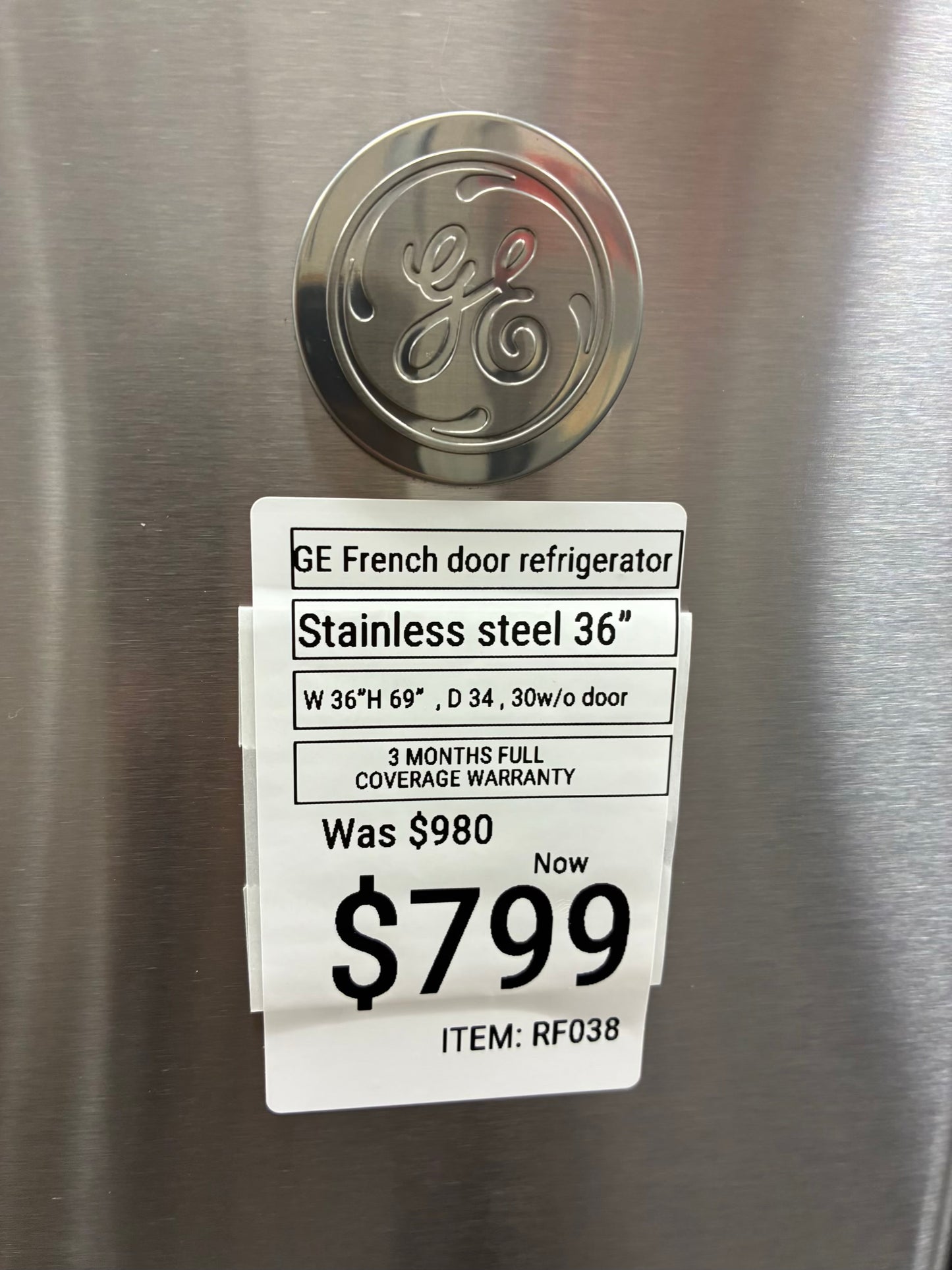 GE French door refrigerator stainless steel 36” ice maker water dispenser