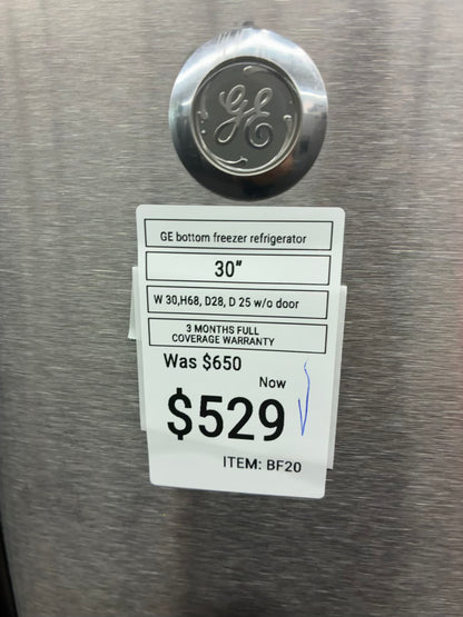 GE bottom freezer refrigerator stainless steel 30”