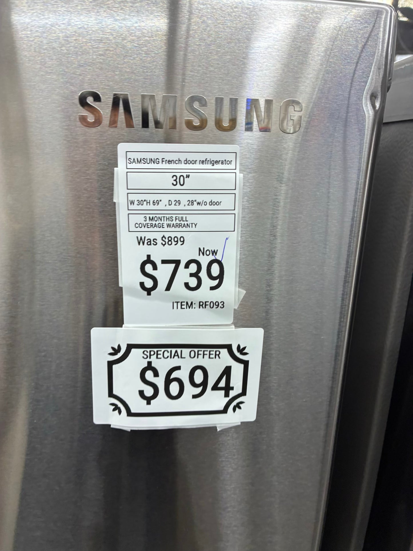 Samsung French door refrigerator stainless steel 30”