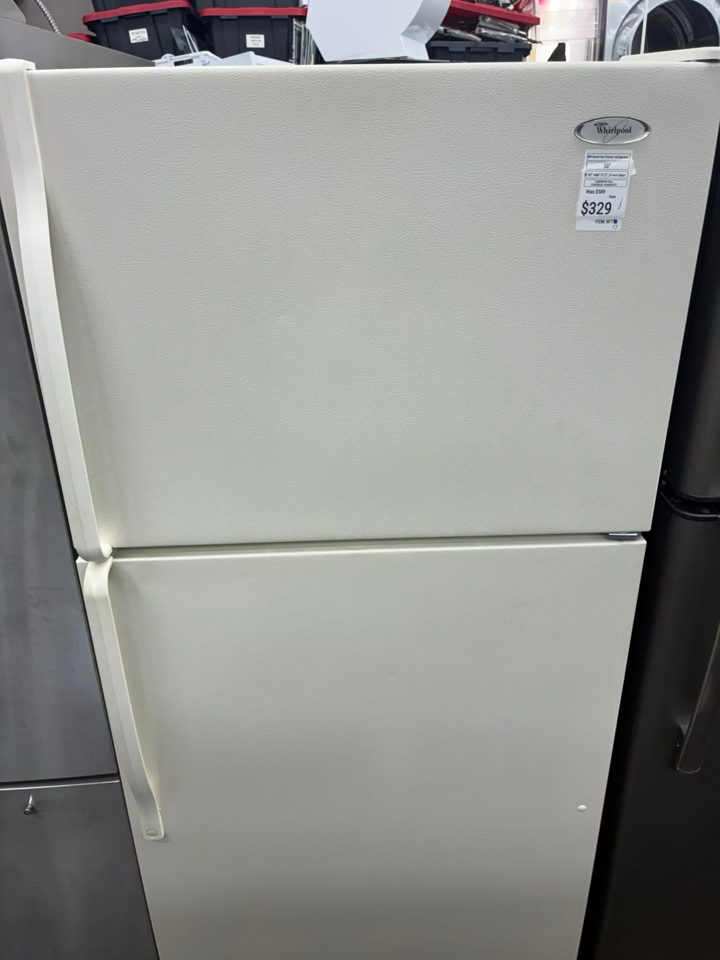 Whirlpool top freezer refrigerator beige 30”