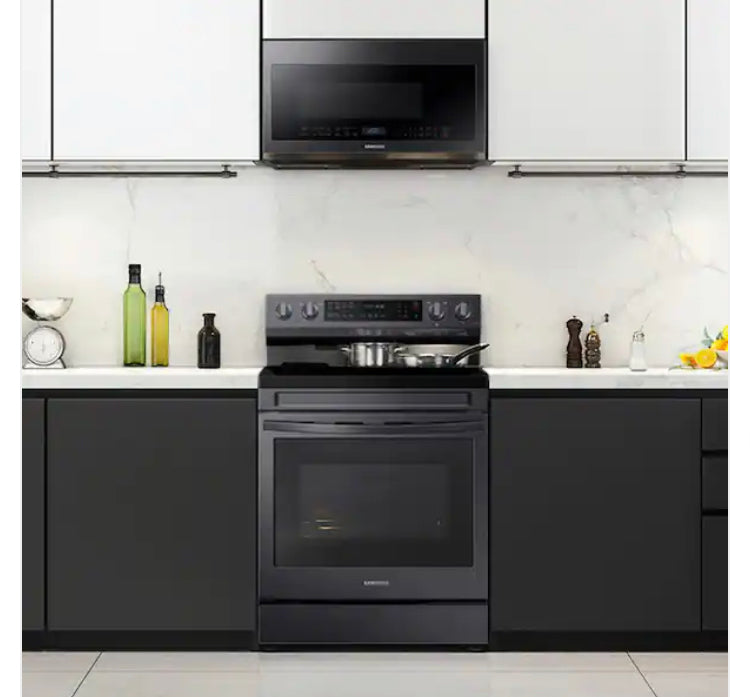 - ★ Samsung Open Box 6.3 cu. ft. Smart Wi-Fi Enabled Convection Electric Range with No Preheat AirFry in Black Stainless Steel - ER467