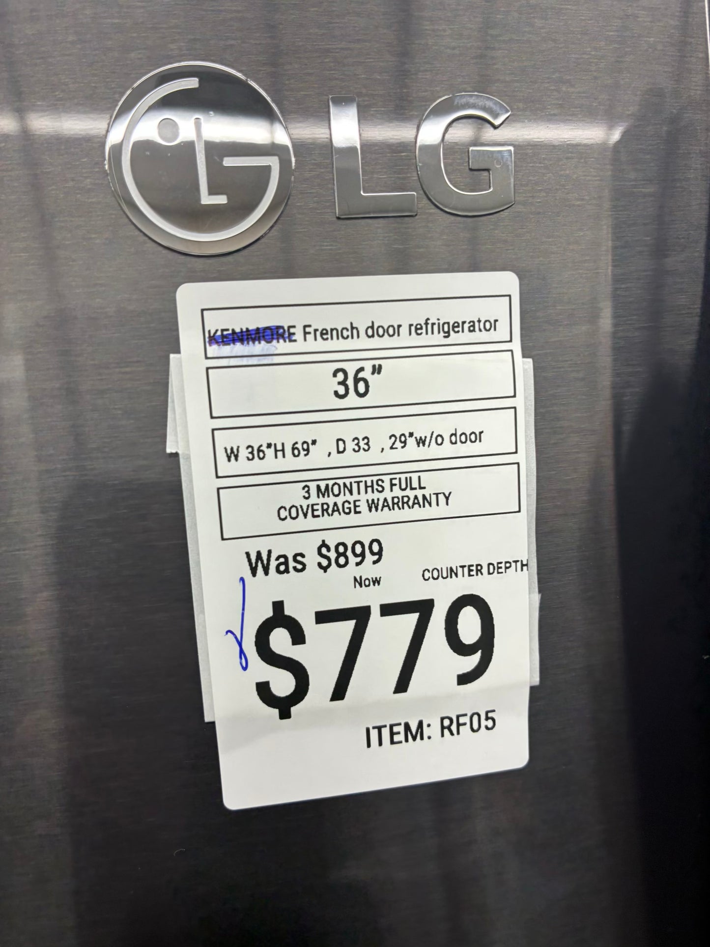 LG French door refrigerator stale stainless steel 36” ice maker water dispenser