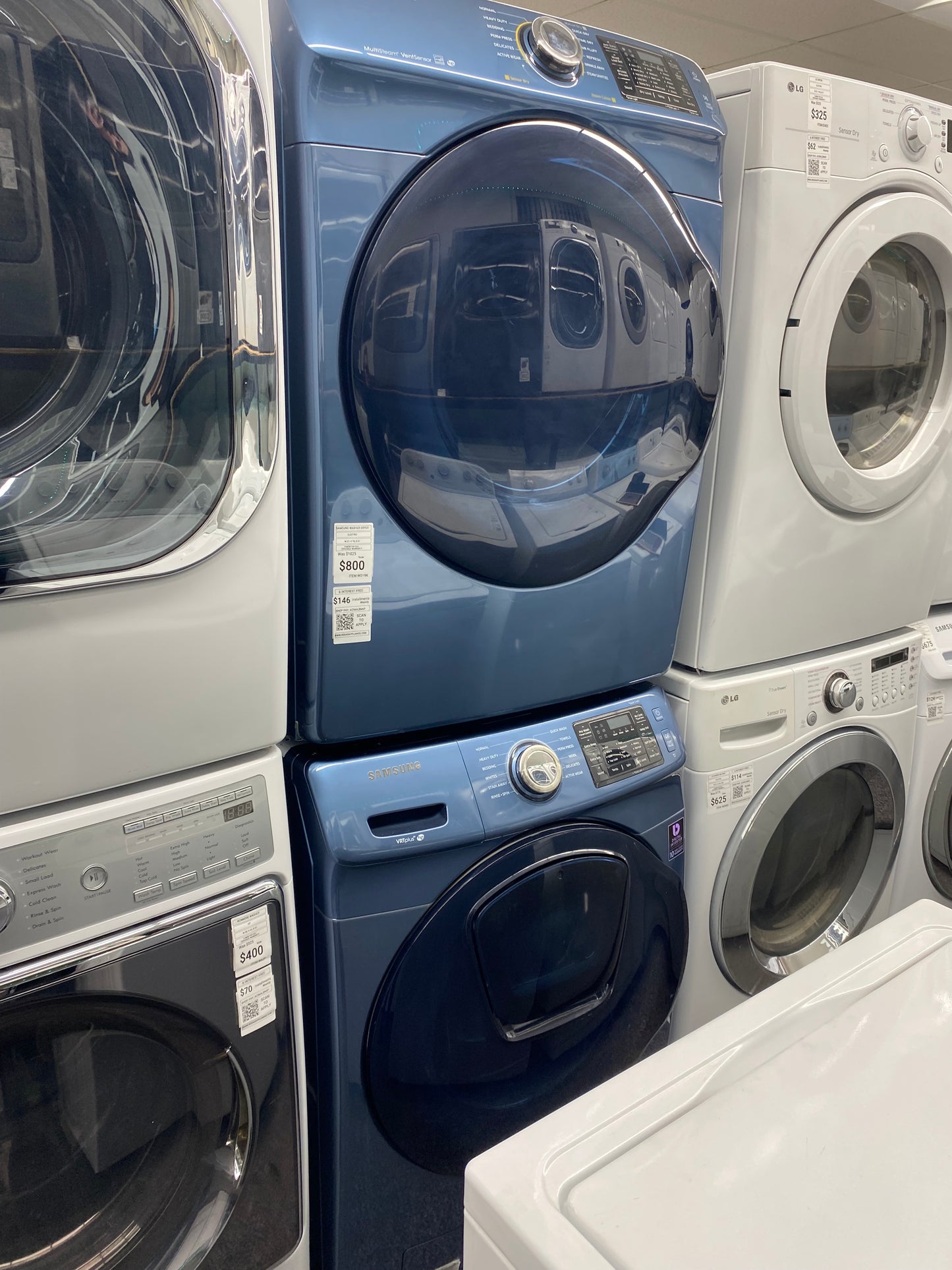 . Item: #WD19K  Samsung high efficiency washer and electric dryer blie stainless steel drum front load ,stackable or side by side 27”