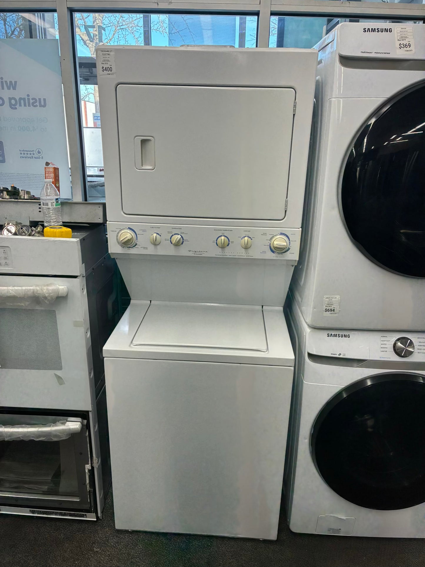Frigidaire laundry center  washer and dryer set gas stackable 27”