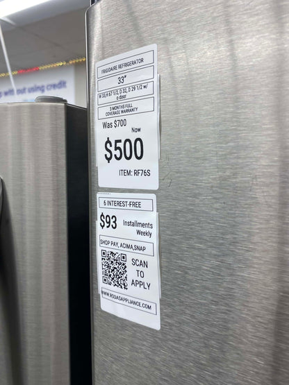Item: #RF76S Frigidaire French door refrigerator stainless steel w/water ice dispenser 33 in.