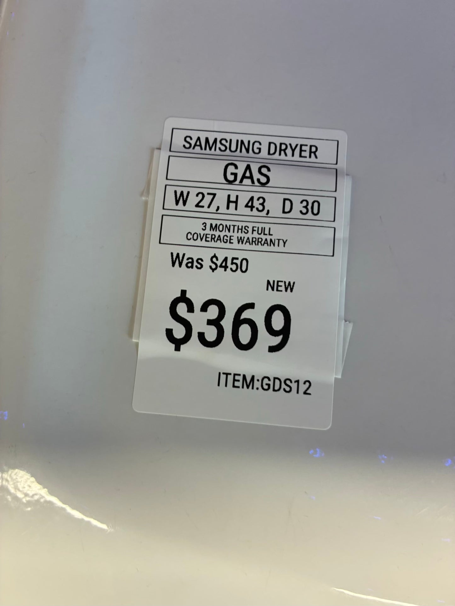 Samsung gas dryer 27” large capacity white