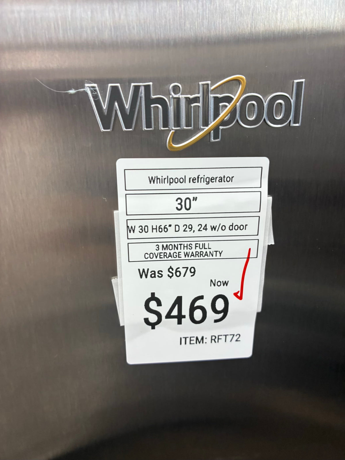 Whirlpool refrigerator  30” stainless steel