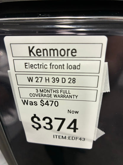 Kenmore  Electric Dryer 27”  white front load with pedestal