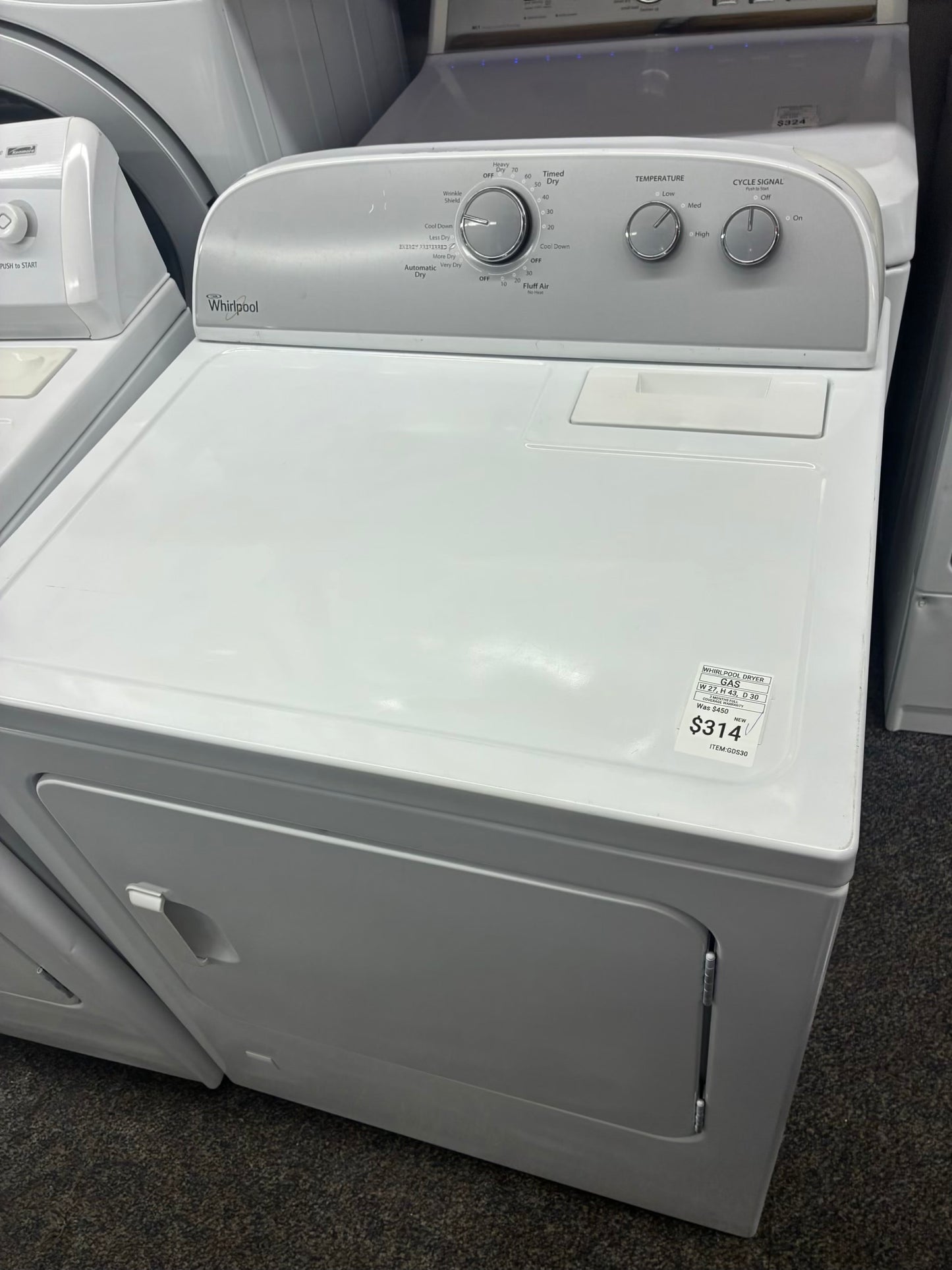 Whirlpool gas dryer 29” large capacity white