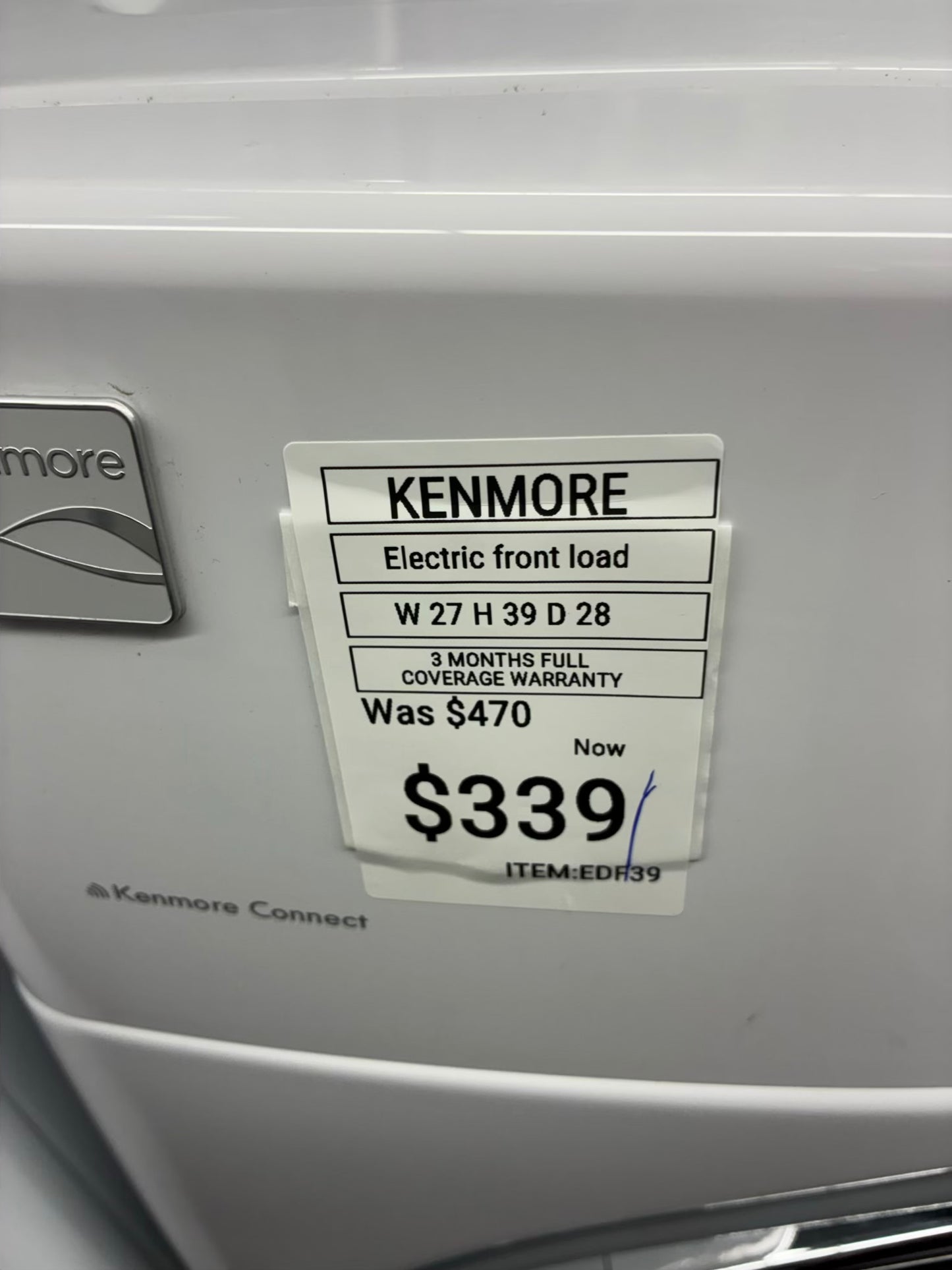 Kenmore Electric Dryer 27”white front load