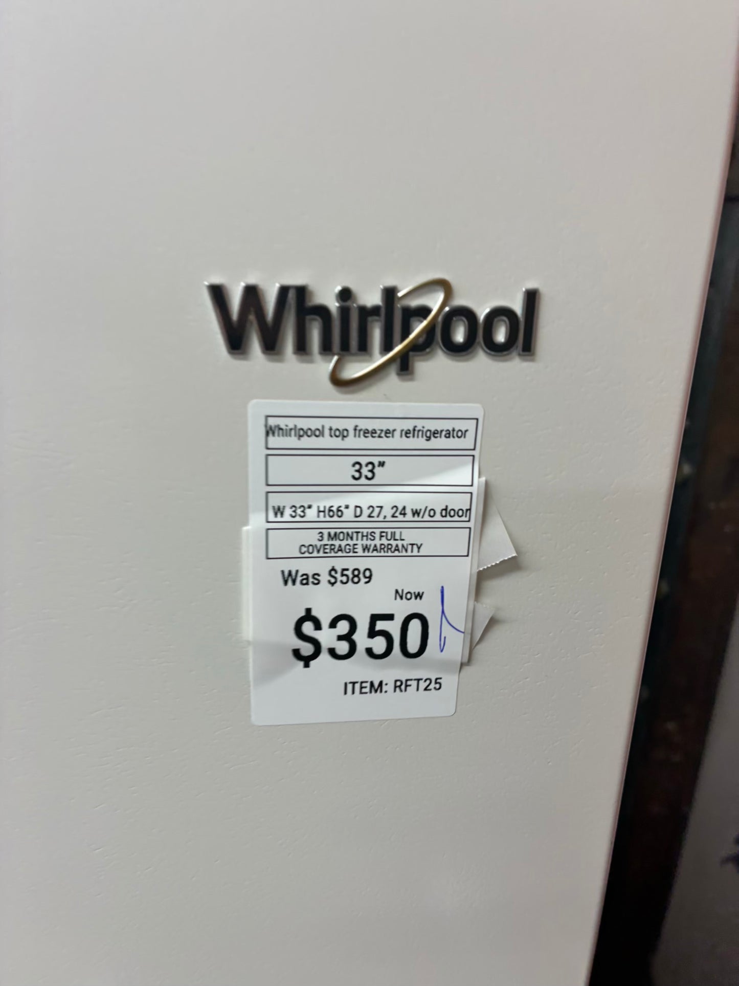 Whirlpool top freezer refrigerator beige 33”