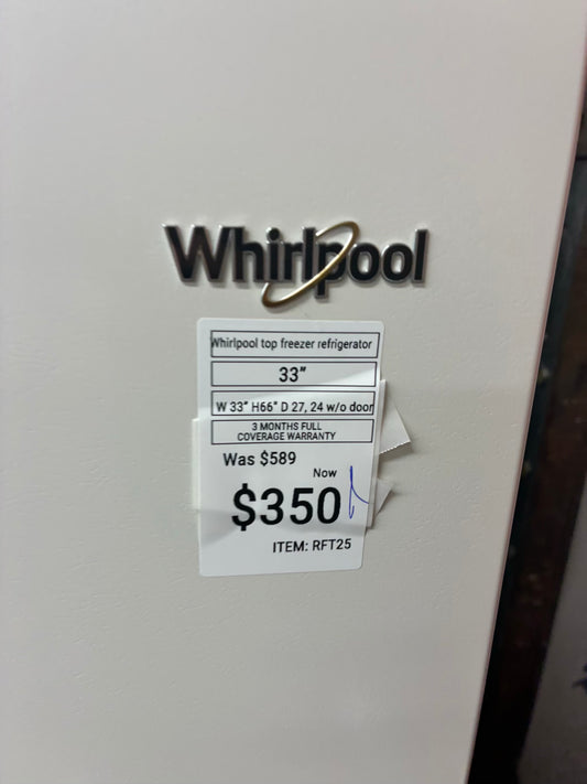 Whirlpool top freezer refrigerator beige 33”