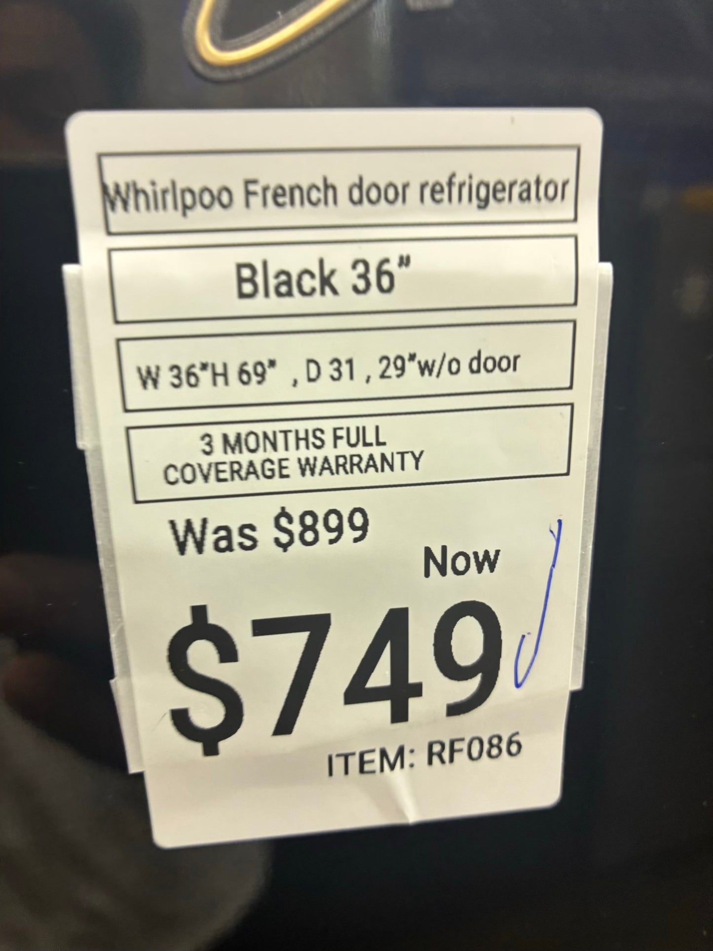 Whirlpool French door refrigerator black 36” ice maker water dispenser  ice maker