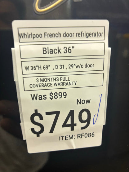 Whirlpool French door refrigerator black 36” ice maker water dispenser  ice maker