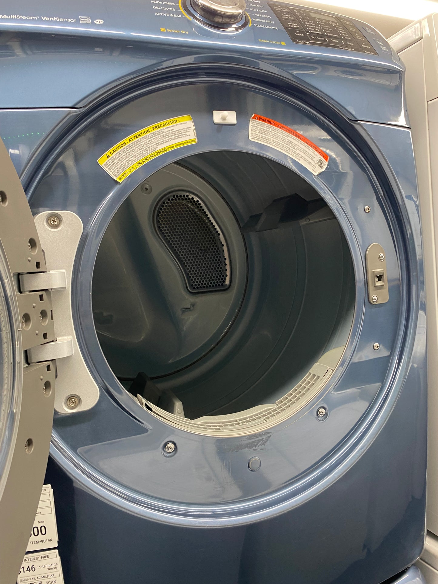 . Item: #WD19K  Samsung high efficiency washer and electric dryer blie stainless steel drum front load ,stackable or side by side 27”