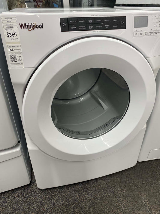 . ITEM #ED296  Whirlpool electric dryer front load stackable white stainless steel Drum large capacity 27”