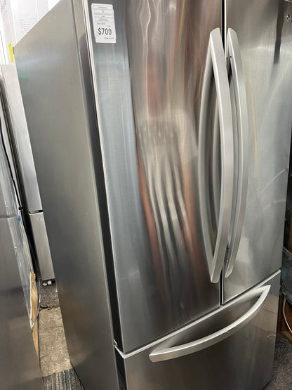 ^ Item #RF41E LG french door refrigerator counter depth stainless steel w/ ice and water dispenser inside 36’ in