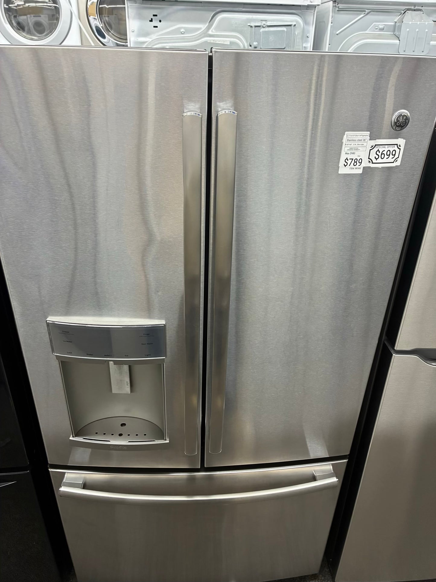 GE French door refrigerator stainless steel 36” ice maker water dispenser