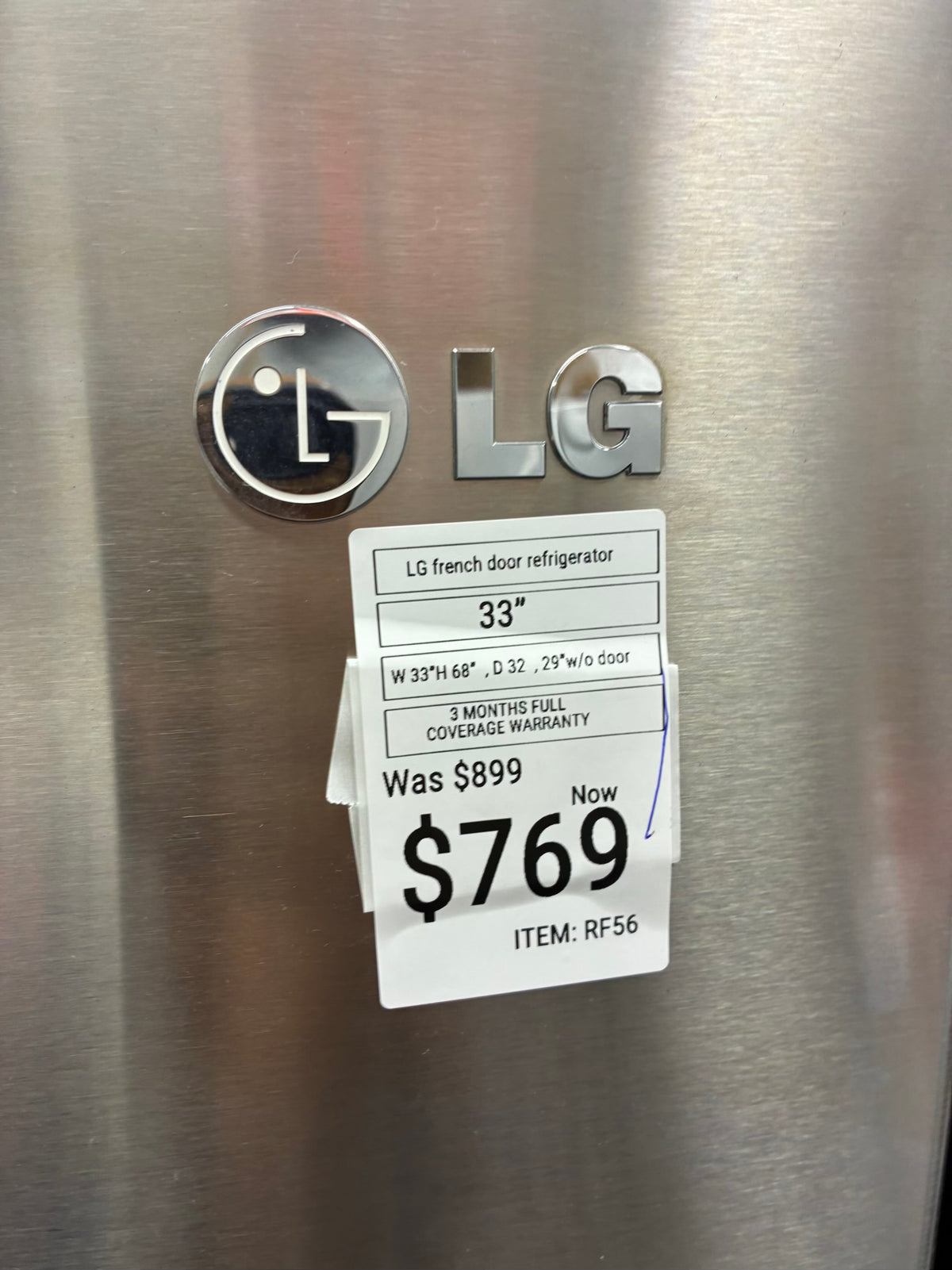 LG French door refrigerator stale stainless steel 33” ice maker water dispenser