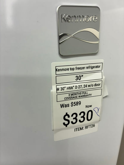 Kenmore top freezer refrigerator white 30”