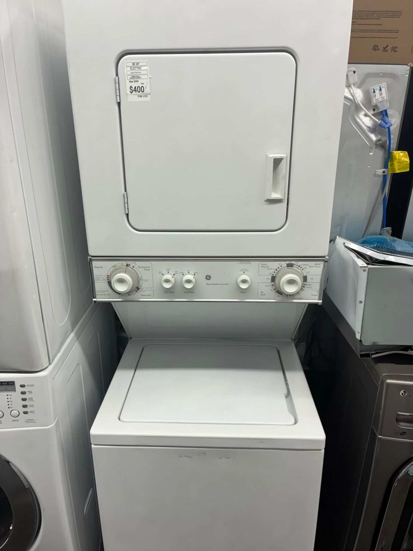 GE laundry center  washer and dryer set gas stackable 24”
