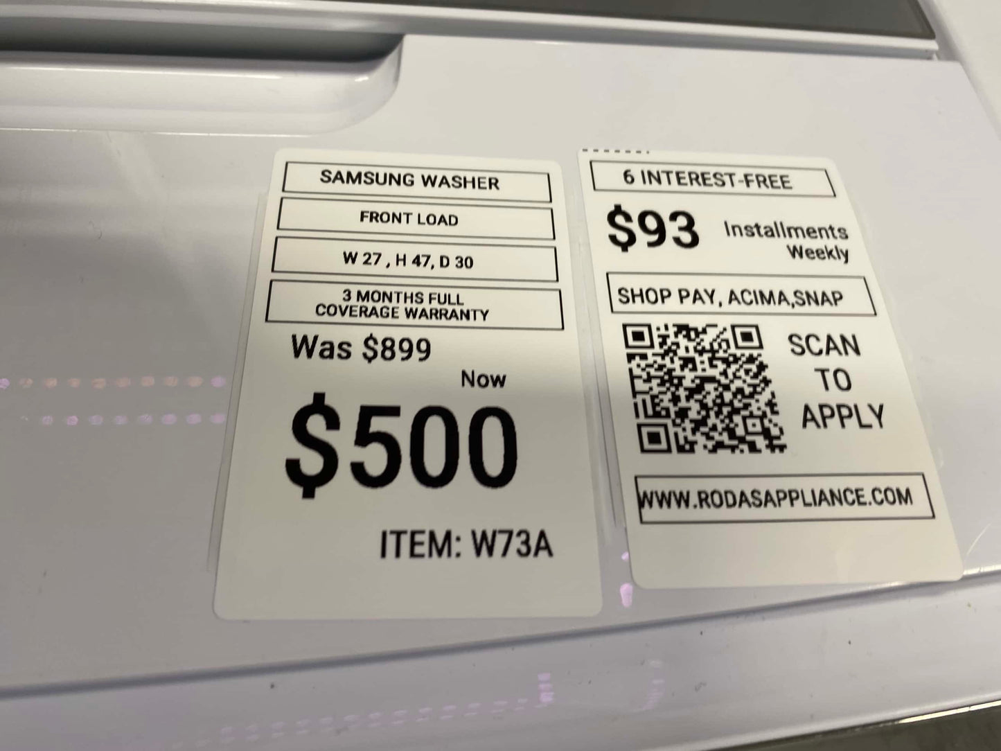 - ITEM:W73A Samsung  6 cu. ft. Smart High-Efficiency Front Load double Washer with Super Speed color white