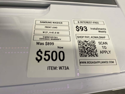 - ITEM:W73A Samsung  6 cu. ft. Smart High-Efficiency Front Load double Washer with Super Speed color white
