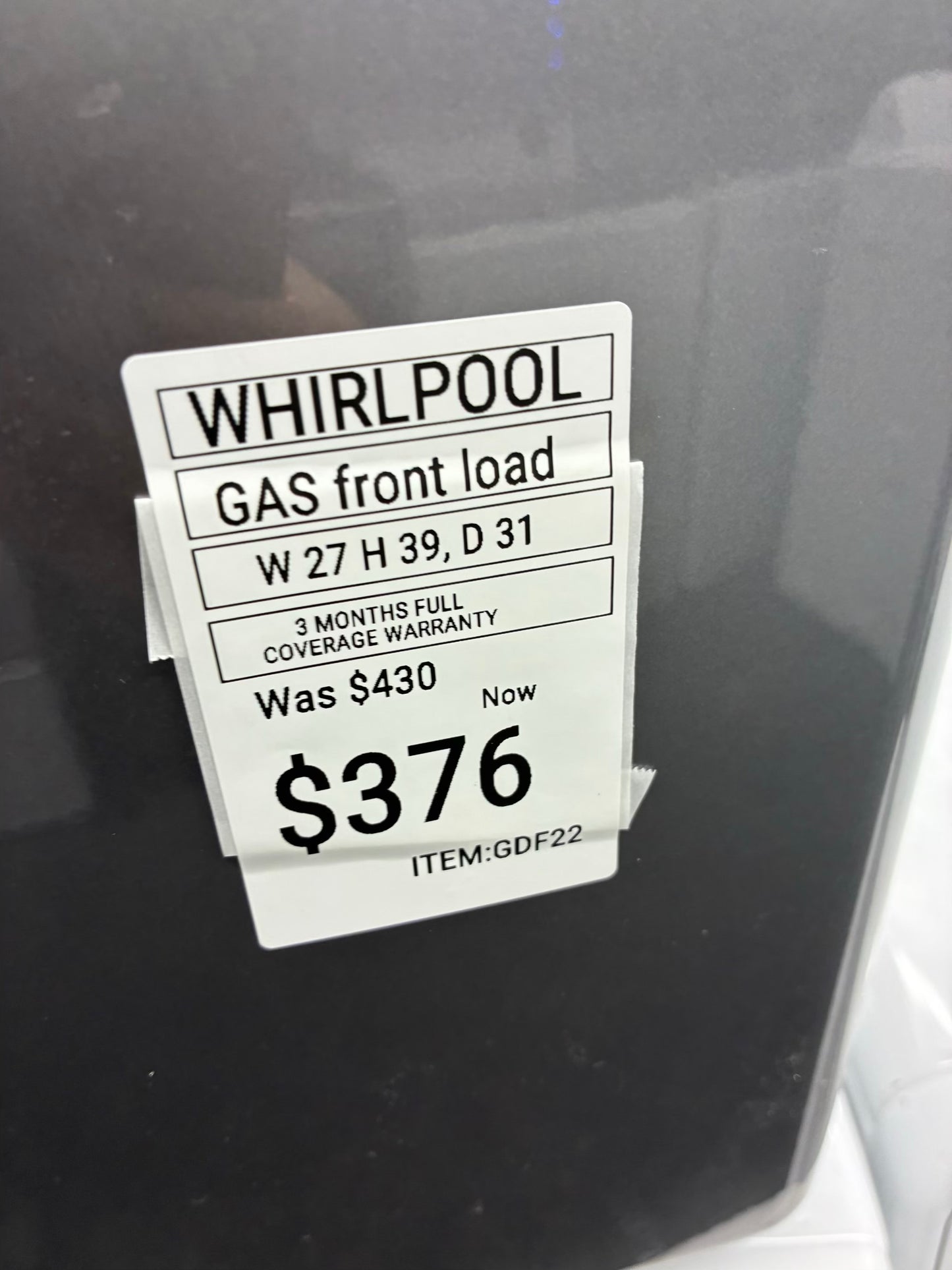 Whirlpool gas dryer 27” large capacity slate