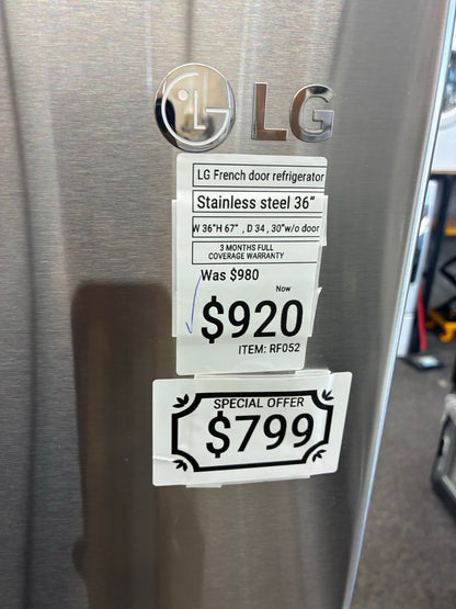 LG French four door refrigerator stainless steel 36” ice maker water dispenser