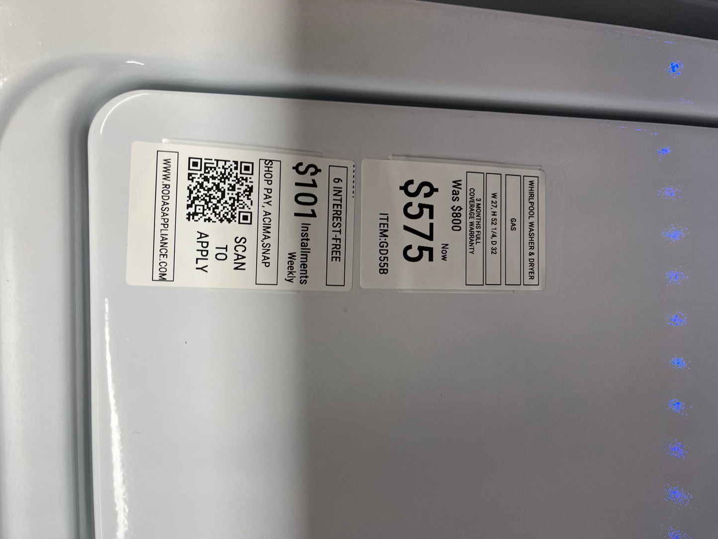^ Item: #GD55B Whrpool  side x side  washer and open box dryer set GAS large capacity 27”