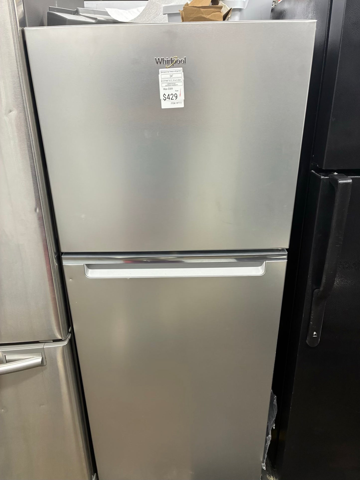Whirlpool top freezer refrigerator stainless steel 24”