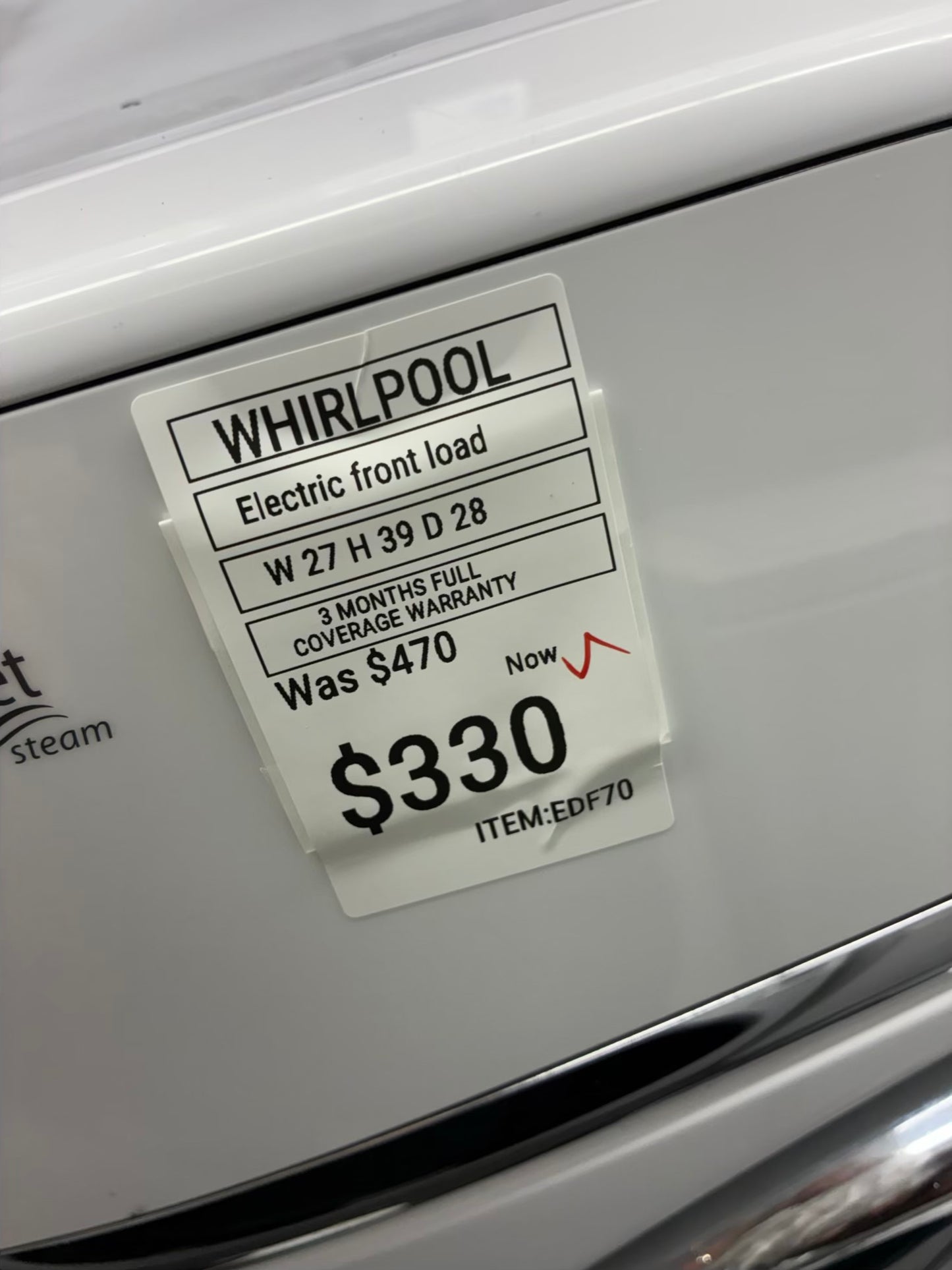 Whirlpool Electric Dryer 27” white front load