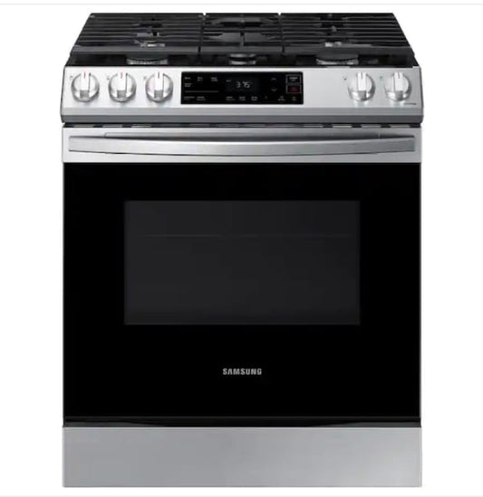 ★ Samsung Open Box 30 in. 6.0 cu. ft. Slide-In Gas Range with Self-Cleaning Oven in Stainless Steel GR916