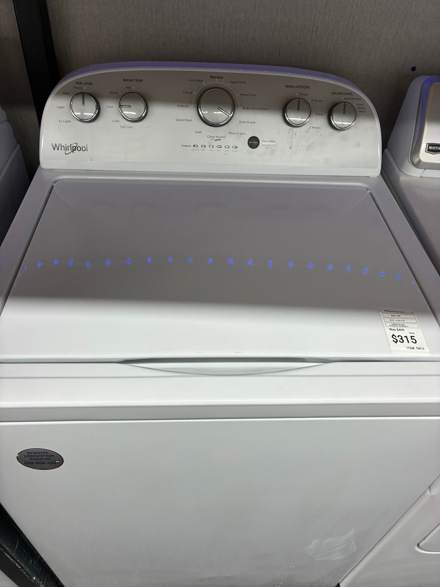 Whirlpool top load washer  large capacity side x side 27”