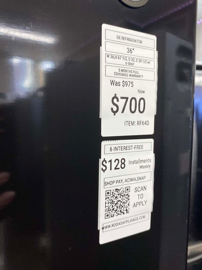 - Item: #RF64D GE french door refrigerator stainless steel w/water ice dispenser 36 in
