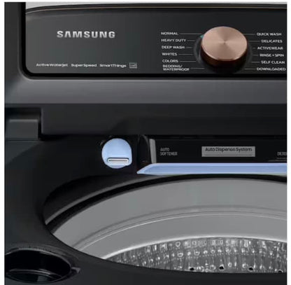 🔥HOT DEAL  ★ Samsung Open Box 5.5 cu. ft. Smart High-Efficiency Top Load Washer with Impeller and Auto Dispense System and  7.4 cu. ft. Smart High-Efficiency Vented GAS Dryer  with Steam Sanitize+ in Brushed Black WD816