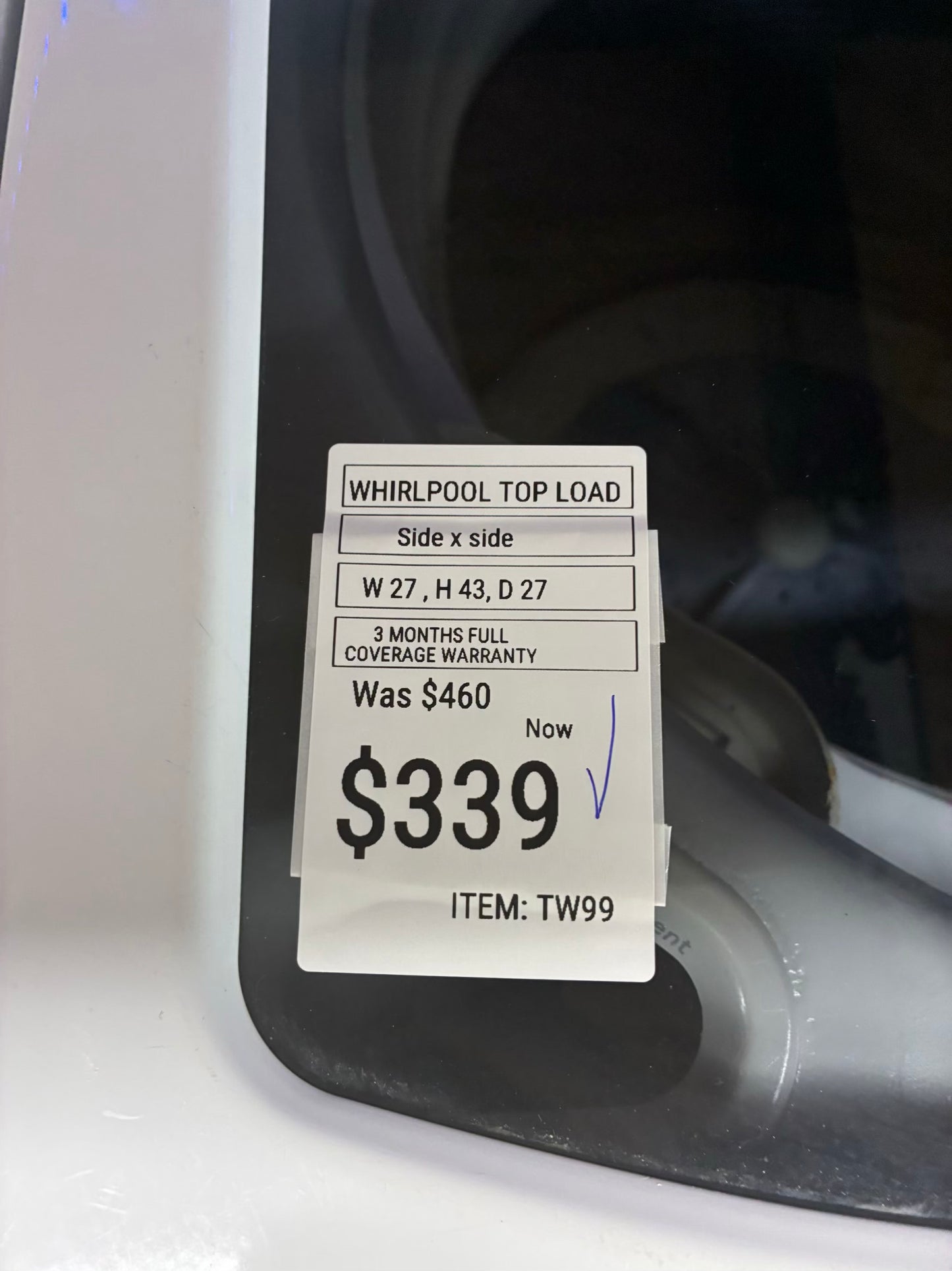 Whirlpool top load large capacity white 27”
