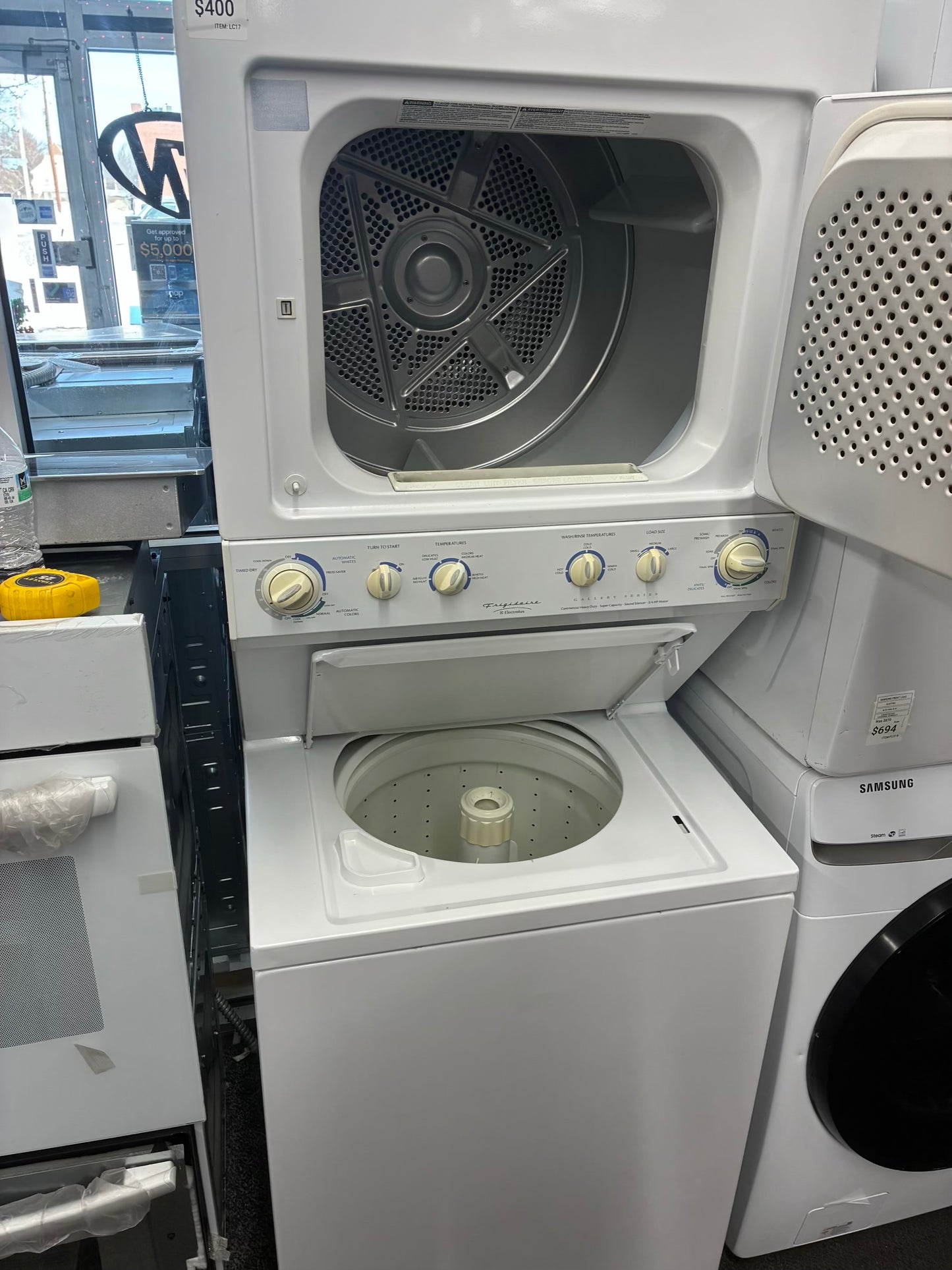 Frigidaire laundry center  washer and dryer set gas stackable 27”