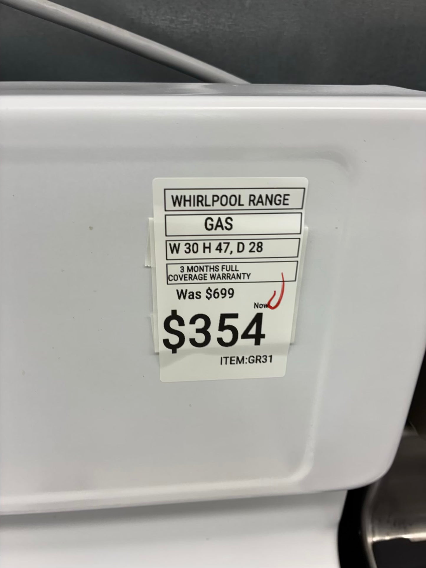 Whirlpool Gas Range white color  4 Burners 30”