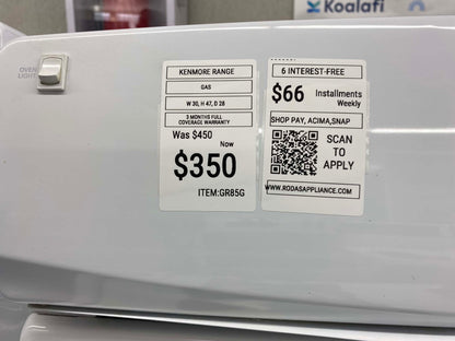 ITEM #GR85G  kenmore gas range white 4 burner 30” in